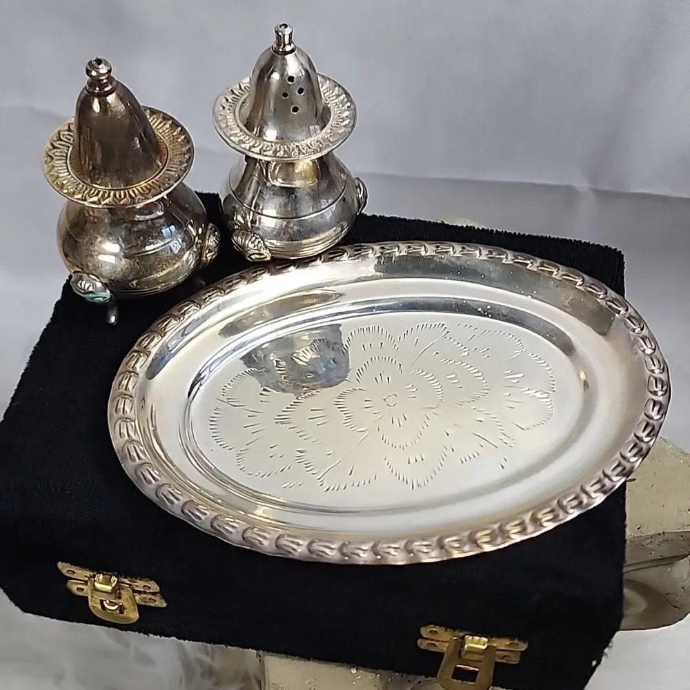Vintage Silverplate Salt & Pepper with Tray and Crushed Velvet Case